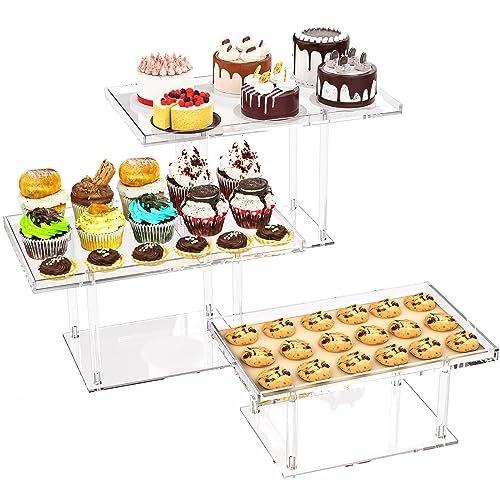 NiHome Soporte de postre de acrílico transparente para cupcakes, paquete de 3, bandejas elegantes y reutilizables en 3 tamaños, diseño elegante con pilares elevados para postres, dulces y aperitivos,