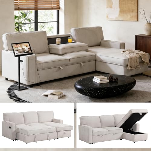 Dreamzie 89'' L Shaped Sectional Sleeper Sofa with Flip-Down Center Console & Charging Ports, Chenille 3 Seater Pull Out Couch for Living Room, Convertible Sofa Bed Couch for Apartment, Office - Beige