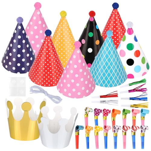 GUOYIHUA Conjunto de 32 chapéus de festa para crianças, coroa de aniversário, cones de festa, chapéus de cone, escorregas, divertido jogo de decoração de aniversário infantil, suprimentos de festa