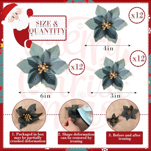 36 Pcs 3 Size Christmas Poinsettia Christmas Tree Flowers Glitter Faux Flowers Decoration Artificial Poinsettia Ornaments For Christmas New Year Home Outdoor Decoration (Dark Green,3/ 4/ 6 Inch) - Image 2