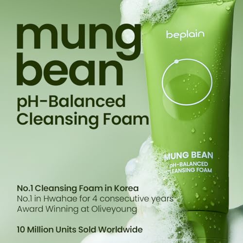 Image of beplain Mung Bean pH-Balanced Cleansing Foam (5.4fl.oz /160ml) | Fragrance-Free | Non-Comedogenic Tested | Deep Pore Facial Cleanser | Suitable for Sensitive Skin | Face Mask Cleanser | Korean Skincare