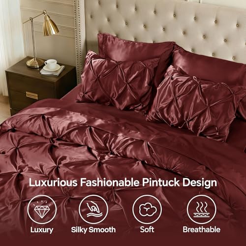Image of BEDELITE Satin Comforter Set Queen Size, 7 Pieces Pintuck Bed in A Bag with Comforter, Flat Sheet, Fitted Sheet, Pillowcases, Shams, Soft Cozy Similar to Silk Bed Set for All Seasons (Burgundy)
