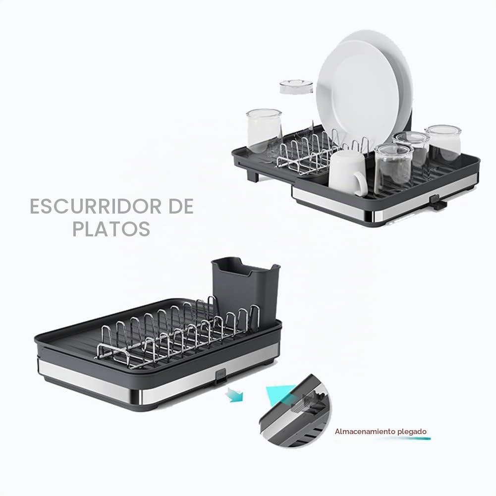 Escurridor Extensible en Acero Inoxidable para Platos y Cubiertos(30cm-51 cm), con Soporte para Utensilios, Portavasos, Estante De Secado De Platos para Mostrador De Cocina (Negro)