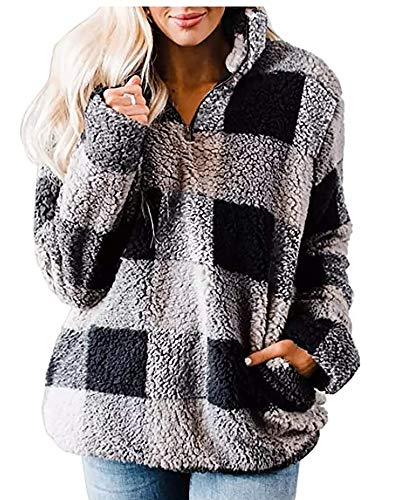IRELIA Womens Plaid Sherpa Fleece Sweatshirt Long Sleeve Zipper Pullover Jacket with Pockets Black XL