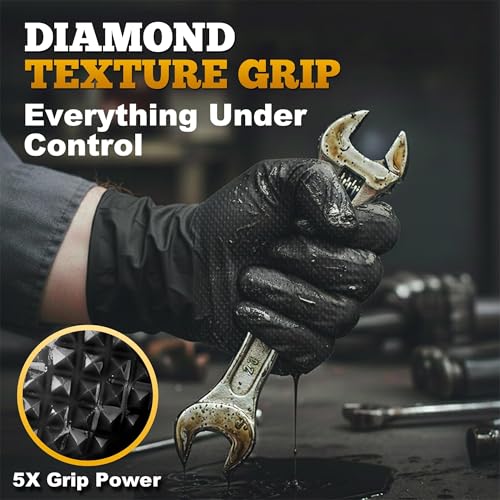 Image of TitanFlex Heavy Duty Black Industrial Nitrile Gloves with Raised Diamond Texture, Latex Free 8mil
