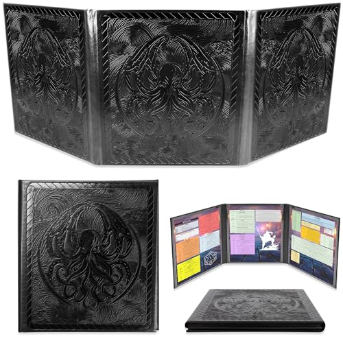 CASEMATIX DM Screen 3-Panel Travel-Ready Game Master Screen with Transparent Pockets PU Leather GM Screen Wet-Erase Compatible Compact Size for Portable Tabletop RPG Campaigns