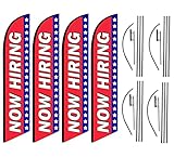 Now Hiring Four Pack of Advertising Feather Banner Swooper Flag Signs with Flag Pole Kits and Ground Stakes for Businesses, Patriotic Theme, 4pack