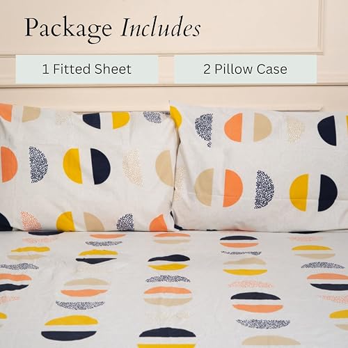 Image of Amazon Brand - Umi Cotton Fitted Bedsheet, Queen Size 78x60 Inches, Elastic Fit Bed Sheet, 10 Inch Deep Pocket, Soft Breathable Bedding, Durable Easy Care, with Pillow Cover-Geo Sunset