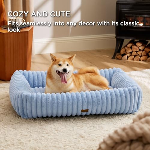 Image of Bedsure ComfyFleece Cute Dog Beds Large Sized Dog Washable,36in Blue | Furry Big Square Pet Beds, Washable Aesthetic,Orthopedic Corduroy Fleece,Removable Zipper Cover,Non-Slip Bottom,Up to 60 Lbs