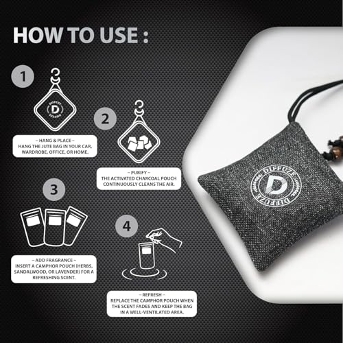 Image of DIFFUZE Camphor Bag Air Freshener (Pack of 3) | Natural Jute Bags with Herbs, Lavender, Sandalwood & Charcoal | Long-Lasting Freshener for Car, Wardrobe, Kitchen & Travel