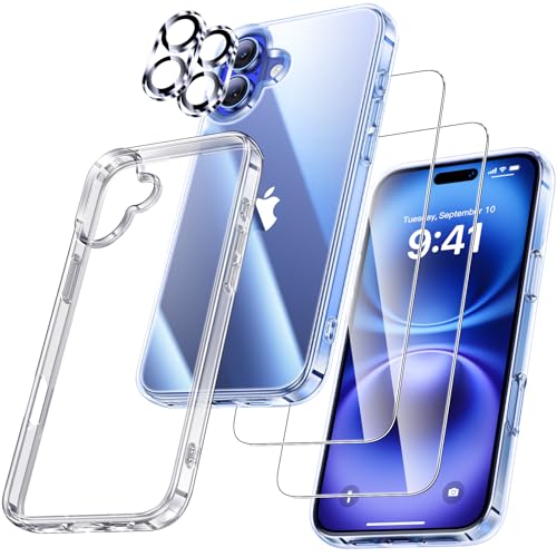 UniqueMe für iPhone 16 Hülle, 5-in-1-Set Handyhülle für iPhone 16 Case Rundumschutz Schutzhülle Cover,1 Handyhülle & 2 Schutzfolie & 2 Kameraschutz -Matt Gold