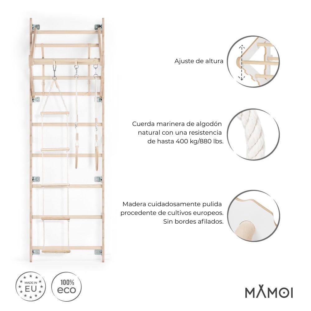 MAMOI® Espalderas Gimnasio para casa (L/XL/XXL) y aditivos | Espaldera Gimnasio de Madera Yarnwood | Espalderas Gimnasio de Interior diseño Moderno | Escalera Sueca | Barra Gimnasia | 100% Eco