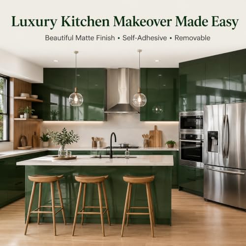 Image of HOME13 Olive Green Wallpaper Glossy Green Peel and Stick Wallpaper Self Adhesive Decorative Vinyl Sticker for Shelf Liner Kitchen Cabinet Table Door Waterproof Removable (20x200 Inch)