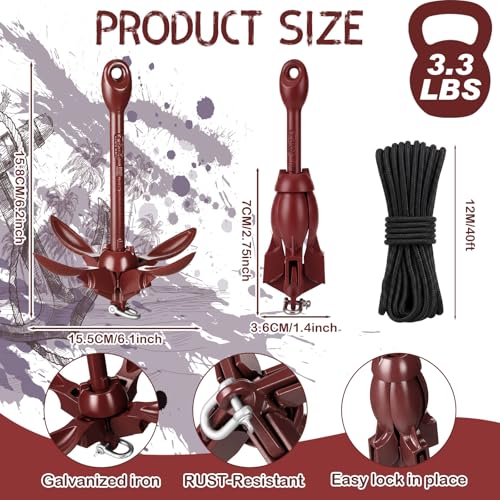 Image of MorningRo 1 Pack 1.5 /3.5 lb Marine Kayak Anchor Kit with 40ft Rope and Buoy Folding Grapnel Boat Anchor Kit Kayak Fishing Accessories for Small Boats, Canoe, SUP Paddle Boards