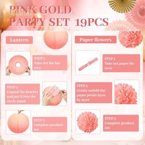 Image of AOBKIAT Pink Gold Party Decorations Kit for Women Girls Birthday,19PCS | with Pom Poms Flowers,Lanterns,Fans,Star Garlands,Swirls for Bridal Shower,Baby Shower,Wedding,Bachelorette,Princess Party