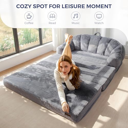 Image of MAXYOYO Folding Sofa Bed, 2 in 1 Convertible Sofa to Lounger Comfy Loveseat Bean Bag Chair for Adults, Floor Couch with Handle, Faux Fur Couch Bed for Living Room Bedroom, Grey, Loveseat