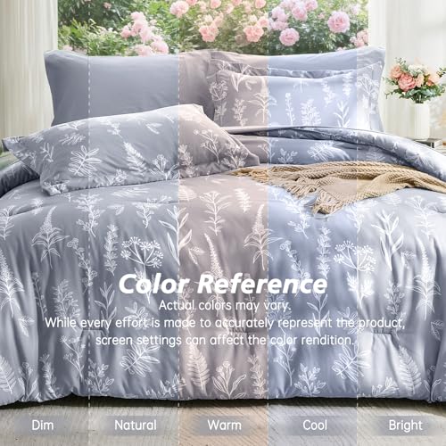 Image of MUXHOMO Light Grey Full Comforter Set, Elegant Floral Print Bed in a Bag 7 Pieces, Ultra Soft & Breathable Reversible Botanical Pattern Bedding Set with Comforter, Sheets, Pillowcases, and Shams