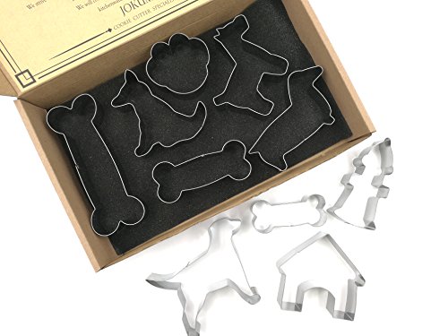 JOKUMO Hundefreunde komplettes Keksausstecher-Set - 10 Stück -High Grade 430 Edelstahl - Golden Retriever, Zwergschnauzer, Dackel, Hundehütte, Feuerhydrant, Hundeknochen und mehr Cover