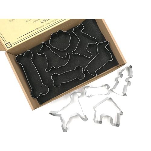 JOKUMO Hundefreunde komplettes Keksausstecher-Set - 10 Stück -High Grade 430 Edelstahl - Golden Retriever, Zwergschnauzer, Dackel, Hundehütte, Feuerhydrant, Hundeknochen und mehr