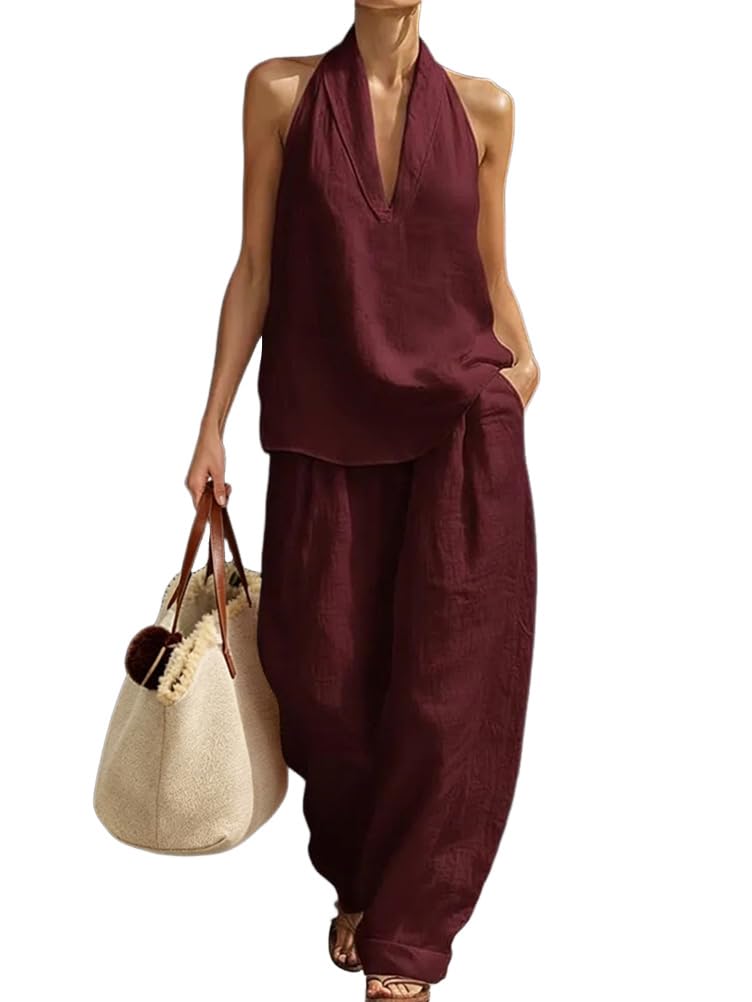 ORANDESIGNE Ensemble Lin Femme Chic et Elegant Costume Été Deux Pièces Tenue sans Manches Débardeur et Pantalon Costume Tailleur 2 Pièces Set