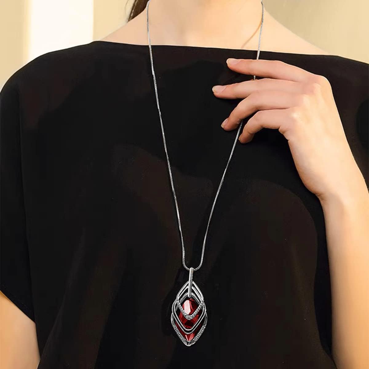 Solid Long Sweater Necklaces for Women Elegant Triple Stack Cubic Zirconia Pendant Rhombic Rhinestone Pendant Y Necklaces Fashion Jewelry…