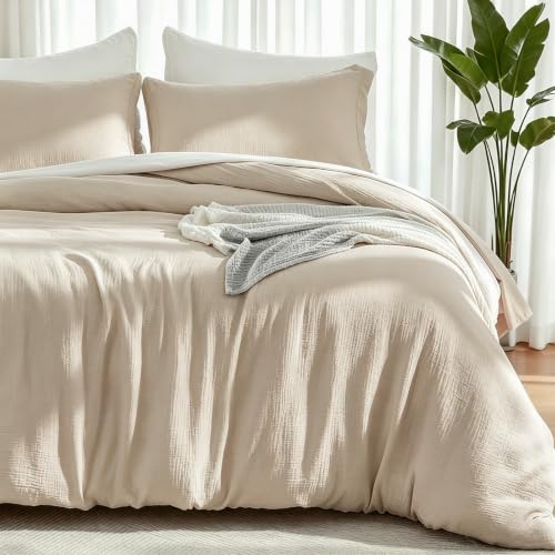 Image of EMME Muslin Cotton Duvet Cover Set Linen Like Beige King