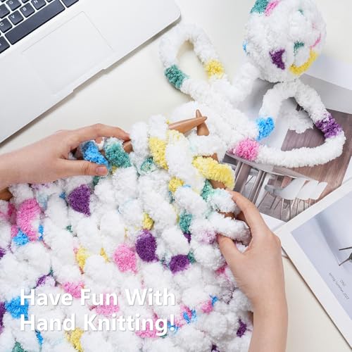 Image of Cozyful Chunky Yarn for Hand Knitting - #10 Chunky Chenille Blanket Yarn, Jumbo Big Thick Chunky Yarns for Crocheting, Tie Dye Bulky Knit Yarns, 8 Skein (20 yds 8 oz Each Skein), Rainbow & White