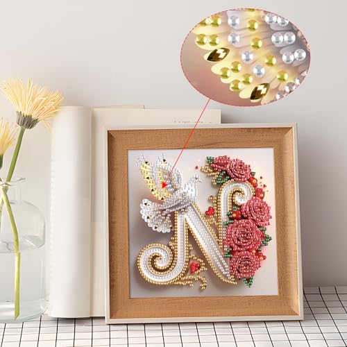 Image of AiYuanzsh 5D DIY Diamond Art Kits for Adults Letter N, Nature-Inspired Rose & Dove Special Shape Diamond Painting, Alphabet Diamond Art Kit for Adults Wall Decoration 17x17cm