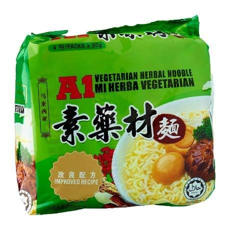 Malaysia Best Brand / A1 Vegetarian Herbal Noodle/Fragrant Mix of Herbs/Chewy Noodle Texture/Herb Loaded Soup Base / 90g x 4 Packets/Pack of 2