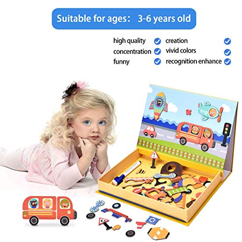 YIHUNION STEM Educational Toys Magnetic Puzzles for Kids, 57 Pieces Dry Erase Board Vehicle Jigsaw Puzzles Cardboard Drawing Board Learning Toys for Preschool Toddlers