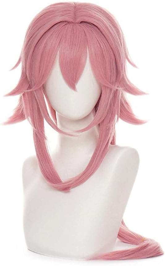 Snow Island Pink Wig for Guuji Yae Miko Cosplay Hair with Ponytail Bangs Long Curly Fluffy Wig for Halloween Party