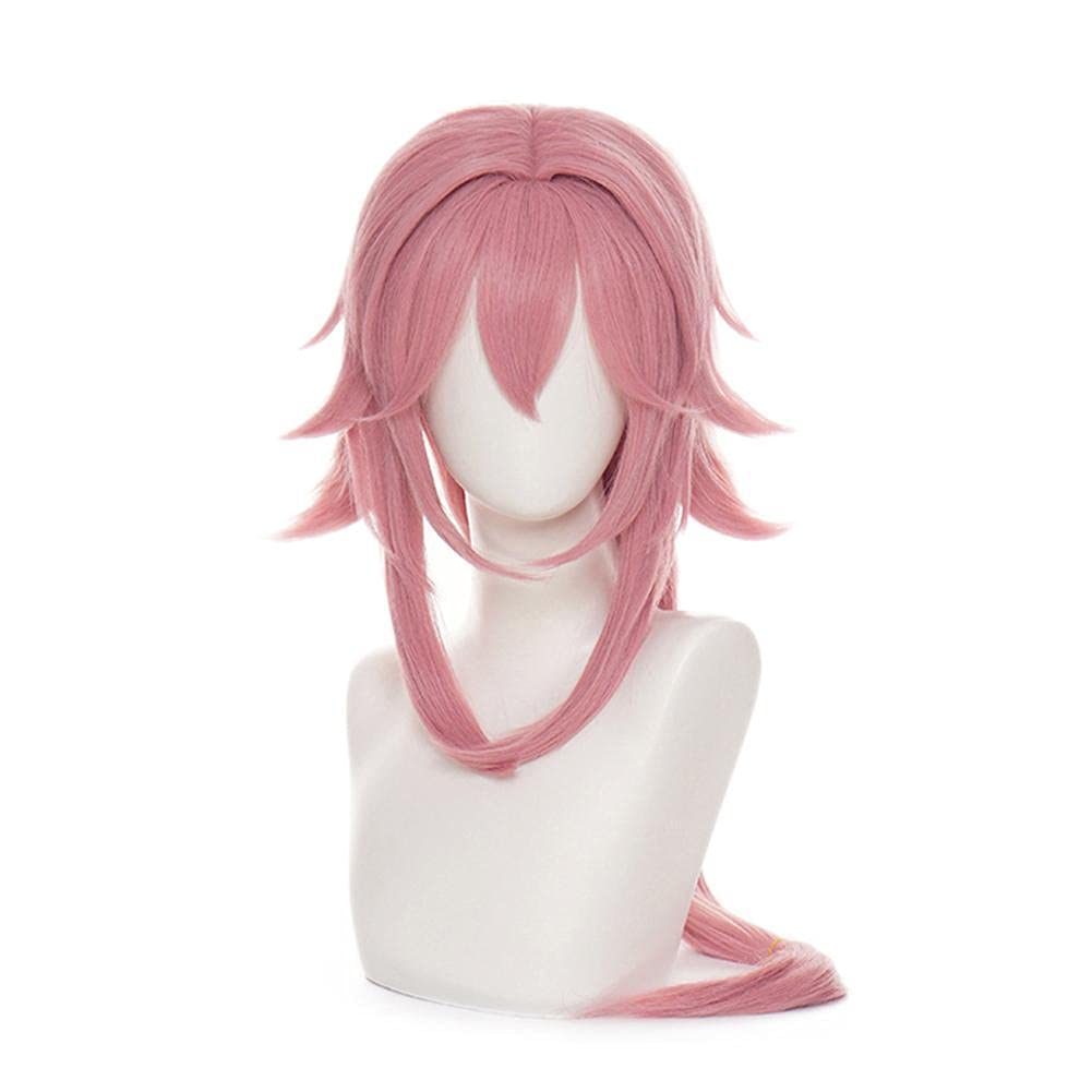 Snow Island Pink Wig for Guuji Yae Miko Cosplay Hair with Ponytail Bangs Long Curly Fluffy Wig for Halloween Party