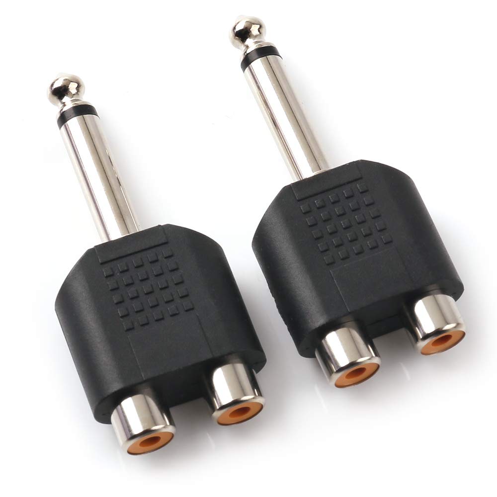 NANYI 1/4Inch 6.35mm Male to 2 RCA Female Audio Heads, 1/4Inch 6.35mm M One-Two RCA F Stereo Interconnect Audio Adapter, 2Pack (6.35mm M-2xRCA F-TS)