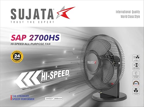 Image of Sujata Table Fan for Home | 2300 RPM, 2 Years Warranty | Small Table Fan High Speed for Home, 280 mm Compact Fan with Balanced Blades, Adjustable Tilt, Portable (SAP2700 HS - Black)