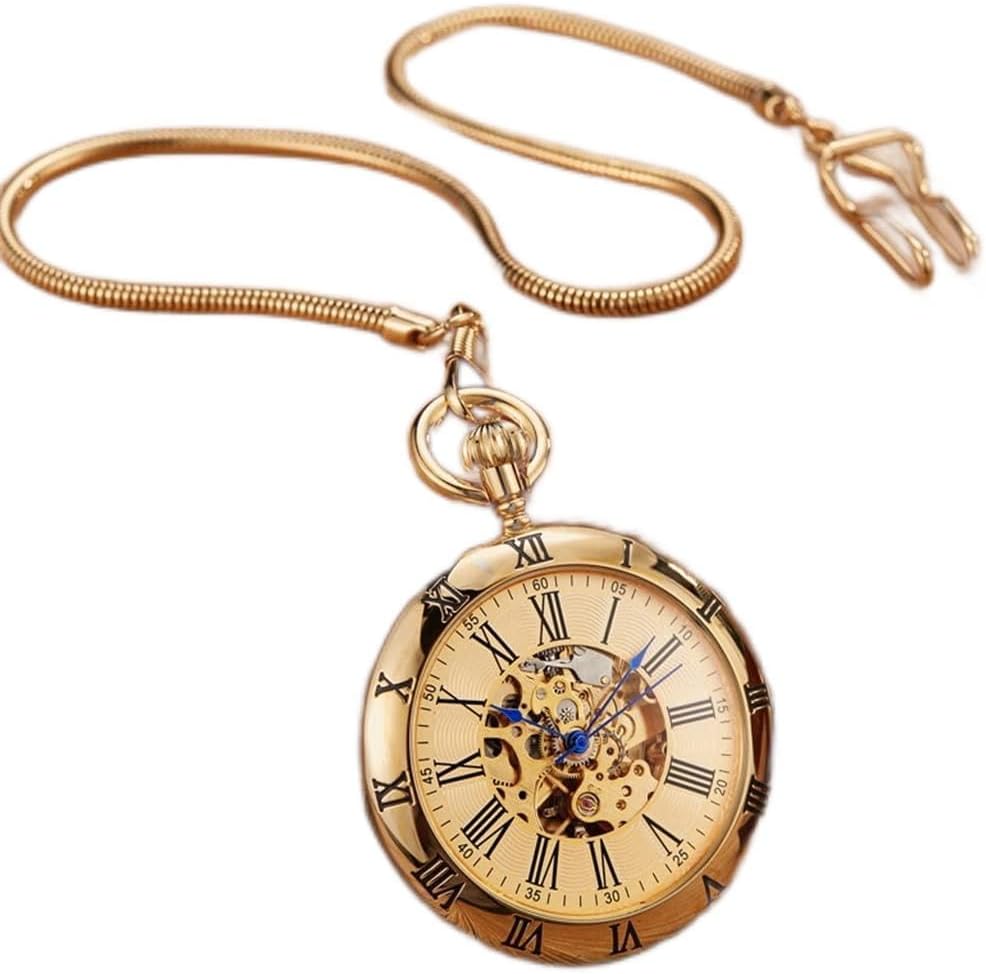 MaikOn vintage watch, Copper Silver Automatic Mechanical Pocket Watch Clock Chain Watch Men Roman Numbers Clock Pocket Watches (Color : Gold)(Gold)