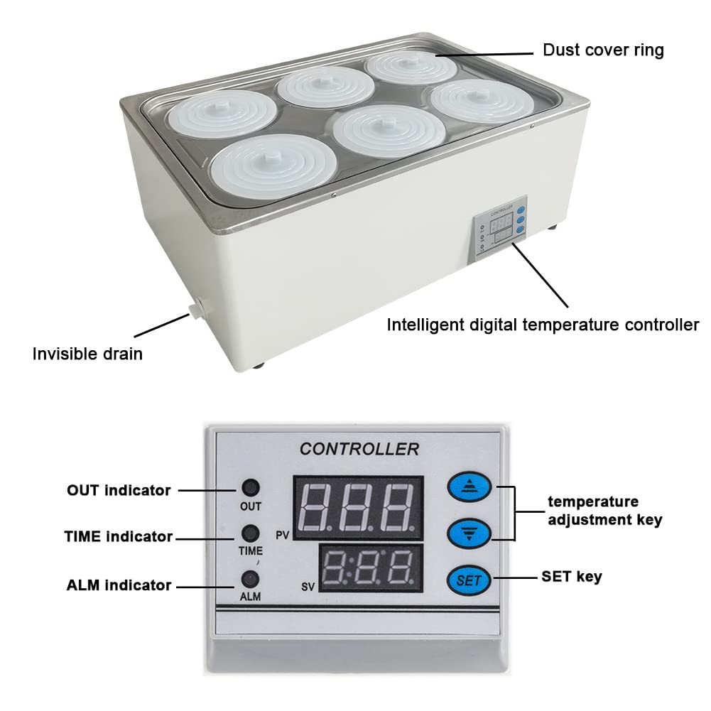 Bain-marie de laboratoire thermostatique à chauffage électrique, 1200W anti-brûlure sèche, réservoir intérieur en acier inoxydable 304 d'une capacité de 20L 6 ouvertures