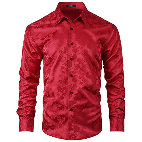 Enlision Freizeithemden für Herren Seide Blumen Muster Satin Weinrot Freizeithemd Herren Casual Langarm Regular Fit Jacquard Hemden Button Down Hemden Herren Cover