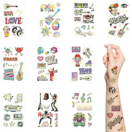 10 hojas de pegatinas temporales de tatuaje temático Rock and Roll Rave Festival, Brillan en la oscuridad, accesorios de fiesta para mujeres y hombres en suministros de fiesta