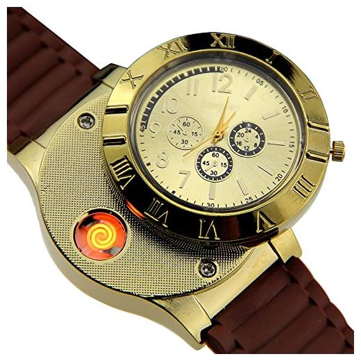 Rechargeable USB Lighter Watches Clock Electronic Men Casual Quartz Wristwatches Highend Gift Box Windproof Cigarette Lighter (Gold)