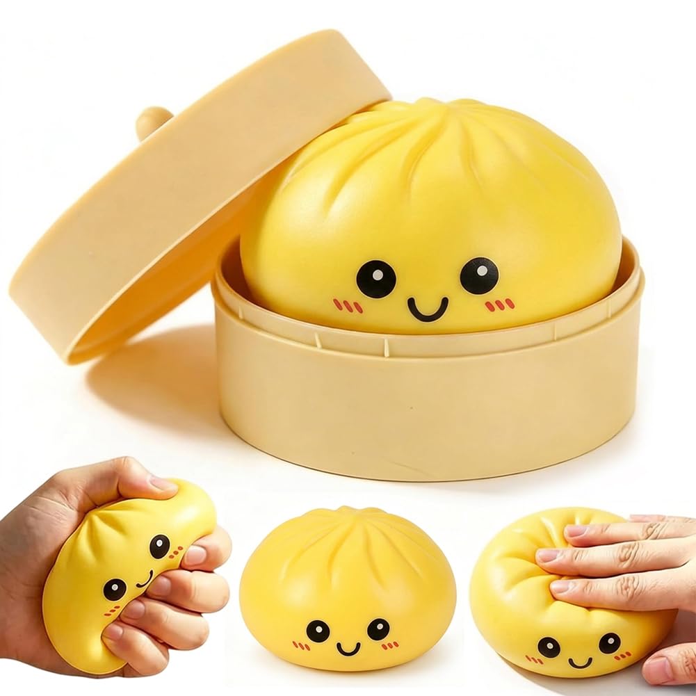 Dumpling Stress Balls, expression Glitter Bun Squishy Stress Ball, Stress Fidget with Steamer, Soft Autism Stress Relief Anxiety Relief , for adults and people aged 14+and above, yellow