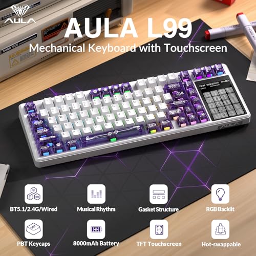 Image of Aula L99 Wireless Mechanical Keyboard with Smart Touch Screen,Tri-Mode Hot Swappable Custom Gaming Keyboard,RGB Backlit,PBT Keycap,Gasket Mount Creamy Sounding Computer Keyboards for Office PC,84 Keys