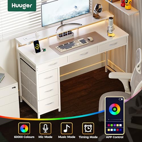 image for Huuger Gaming Desk with 6 Drawers, Computer Desk with LED Lights Power