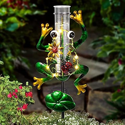 LUNSY Frog Rain Gauge Outdoor, Solar Powered, Metal Frog Shape, Plastic Tube, with 2 Feet Stake, Decorative for Yards, Garden, Lawn Cover