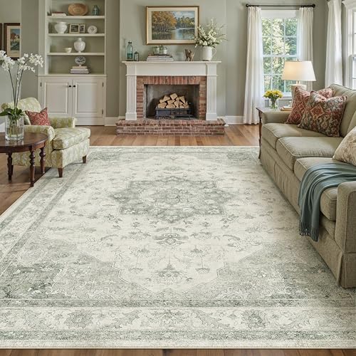 PureCozy Green Area Rug 8x10 Washable Living Room Carpet Vintage