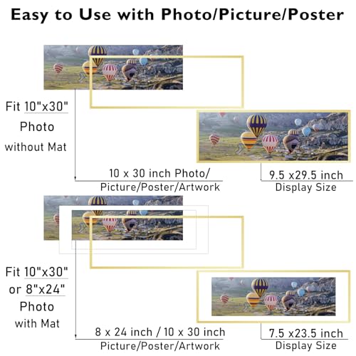 Image of JCJMY 10x30 Picture Frame with 8x24 Mat, Display Photo 8x24 with Mat or 10 x 30 Without Mat, Wall Hanging Large 10 by 30 Poster Frame with Plexiglass, Gold