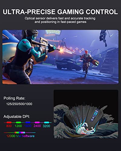 Costom Xvx G705 Wired Gaming Mouse, Rgb Backlit Pc Gaming Mouse With Adjustable 12000Dpi/7 Programmable Buttons, Gamer Computer Usb Mouse For Windows Mac Laptop Pc, Great Wave Off Kanagawa #TOP2