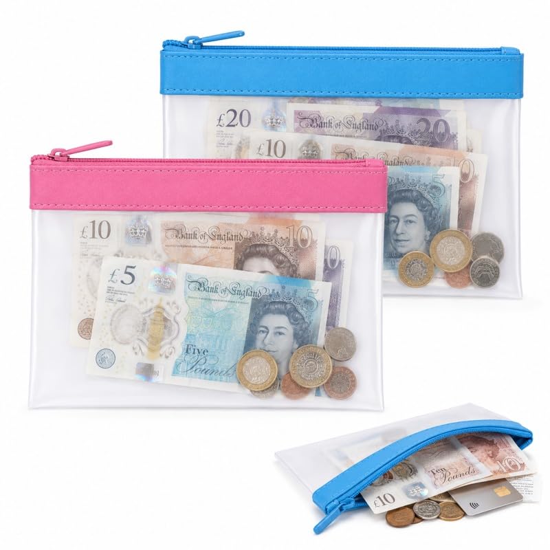 2 Pcs Money Bags,Transparent Waterproof Bag, Large Money Saving Wallet, Clear Cash Wallet with Zipper, for of exam Backpack, Fice Budgeting Savings, Travelling
