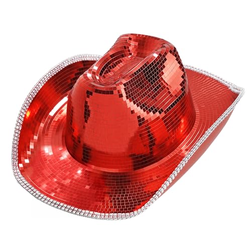 ZAEFTUK Cowboy Hat for Women and Men - Disco Mirror Cowgirl Hat for Music Festivals Concerts Western Party Red
