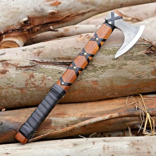Image of Viking Axe of Ragnar Lothbrok Hunting Axe with Rosewood Handle - Hand-Forged High Carbon Steel Sharp Blade, Handmade Camping Axes, Hatchet-Norse Ax, Tomahawk Vikings Bearded Axes, with Leather Sheath