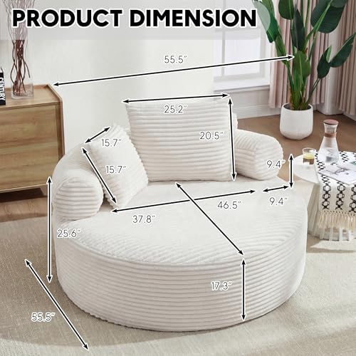 Image of Oversized Round Chair Lounge Chaise Indoor, 55.5 inch Upholstered Corduroy Deep Seat Single Cloud Sofa Chair, Fluffy Modern Large Circle Boneless Sleeper Sofa for Living Room, Bedroom, Beige White